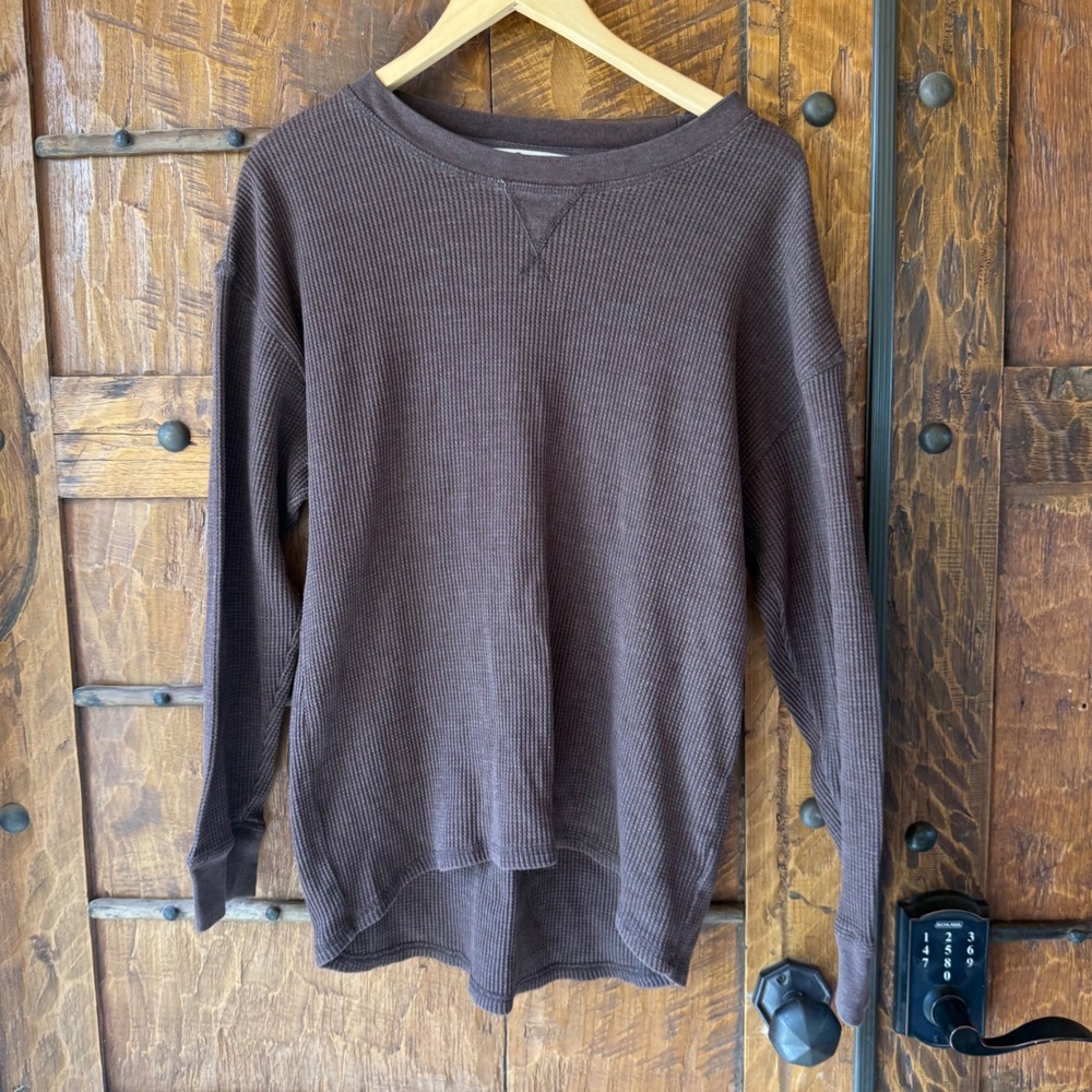 Seven7 Mens Brown Waffle Knit Thermal Long Sleeve Shirt Crew Neck Size Large